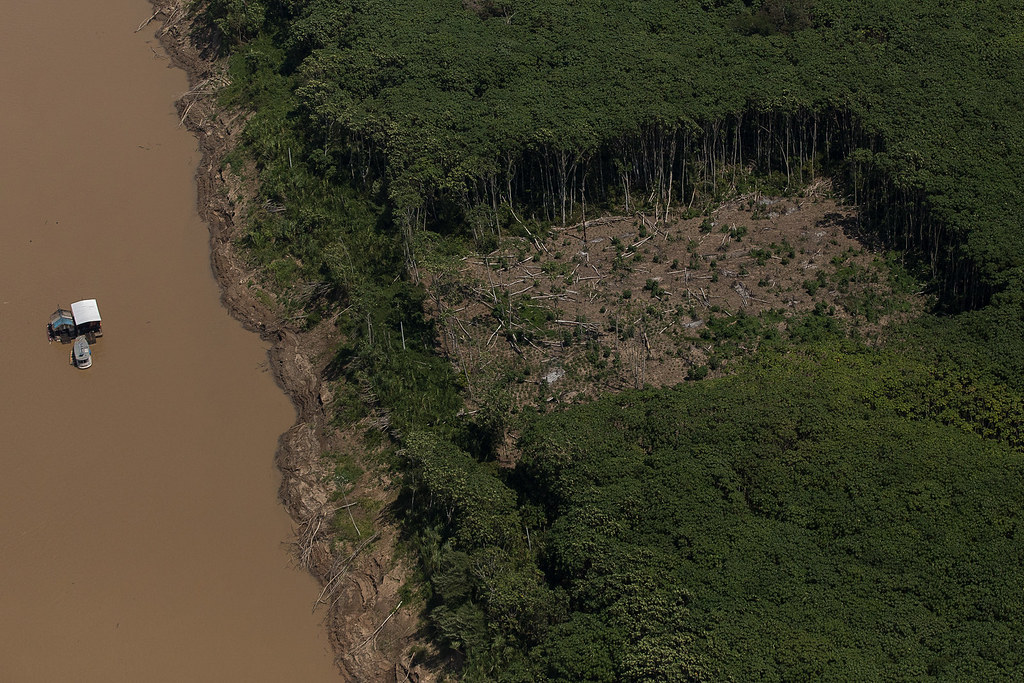 Imagem de um garimpo aberto no meio da floresta amazônica à beira de um rio